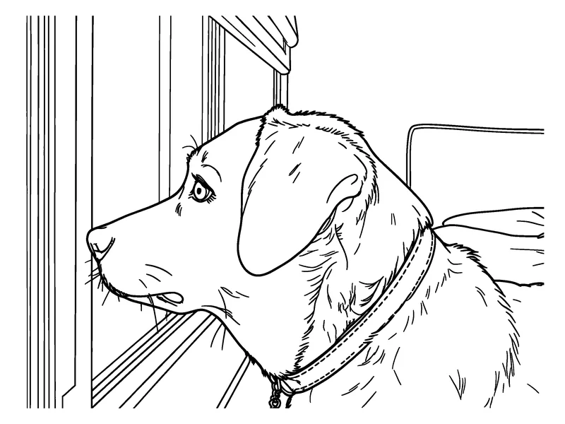 The black-and-white coloring page made from a real photo of a dog looking out of a window