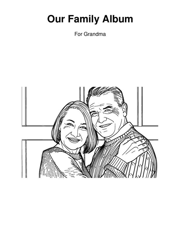 The cover of a real photo coloring book titled "Our Family Album", for Grandma, with a cover picture chosen from its pages