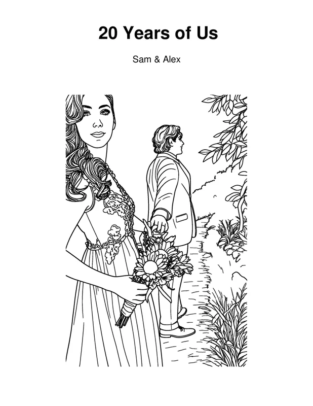 Coloring book preview showing a cover with a title and names