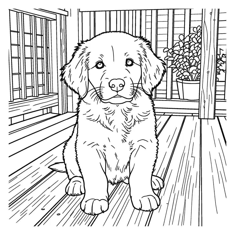 Clean printable black-and-white coloring page generated from the puppy photo