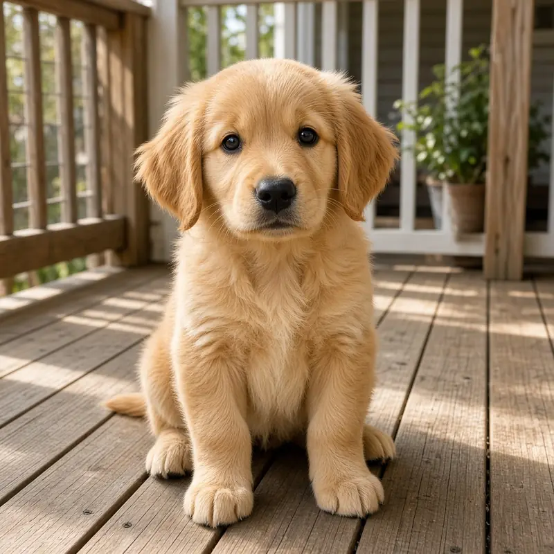 Sample photo of a golden retriever puppy sitting on a wooden porch