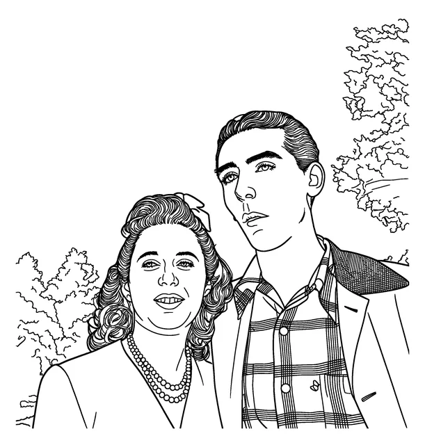 The coloring page made from the 1940s photo at Standard detail, with both faces kept
