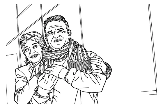 Coloring page of an older couple in coats, Standard detail