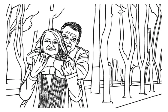 Coloring page of an older couple outside a café, Standard detail