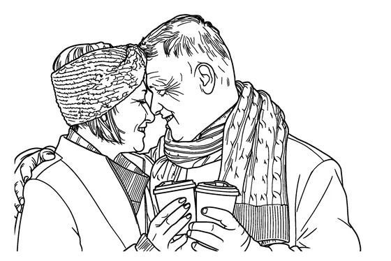 Coloring page of an older couple in scarves, Standard detail
