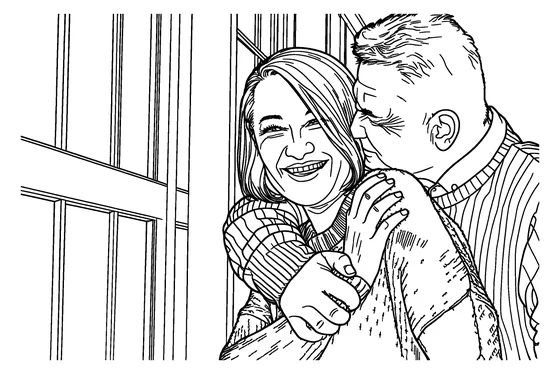 Coloring page of an older couple hugging by a window, Standard detail