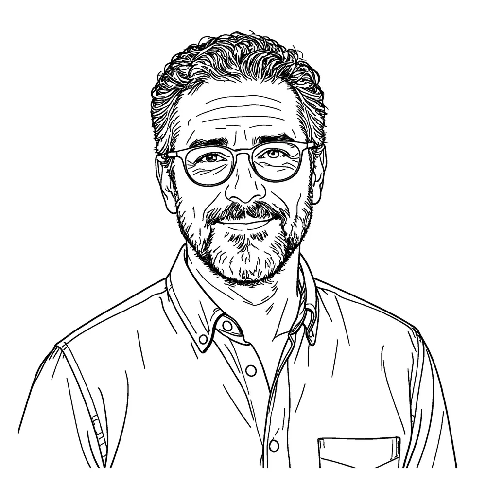 Detailed black-and-white line art drawing showing fine contours and facial features