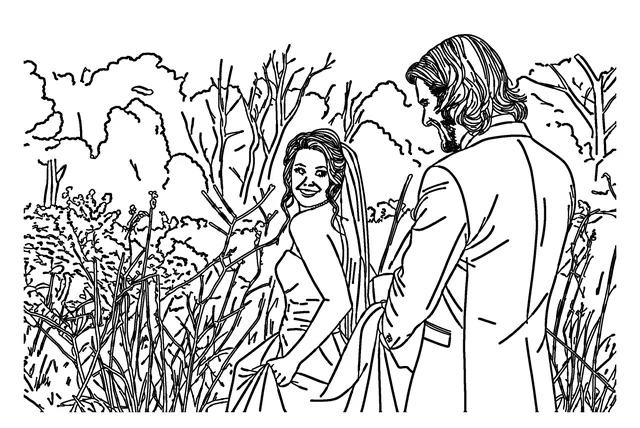 The same wedding photo converted with Bold & detailed: thicker lines that keep the faces and the dress