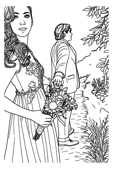 The coloring page made from the wedding photo at Standard detail, with the dress and bouquet drawn